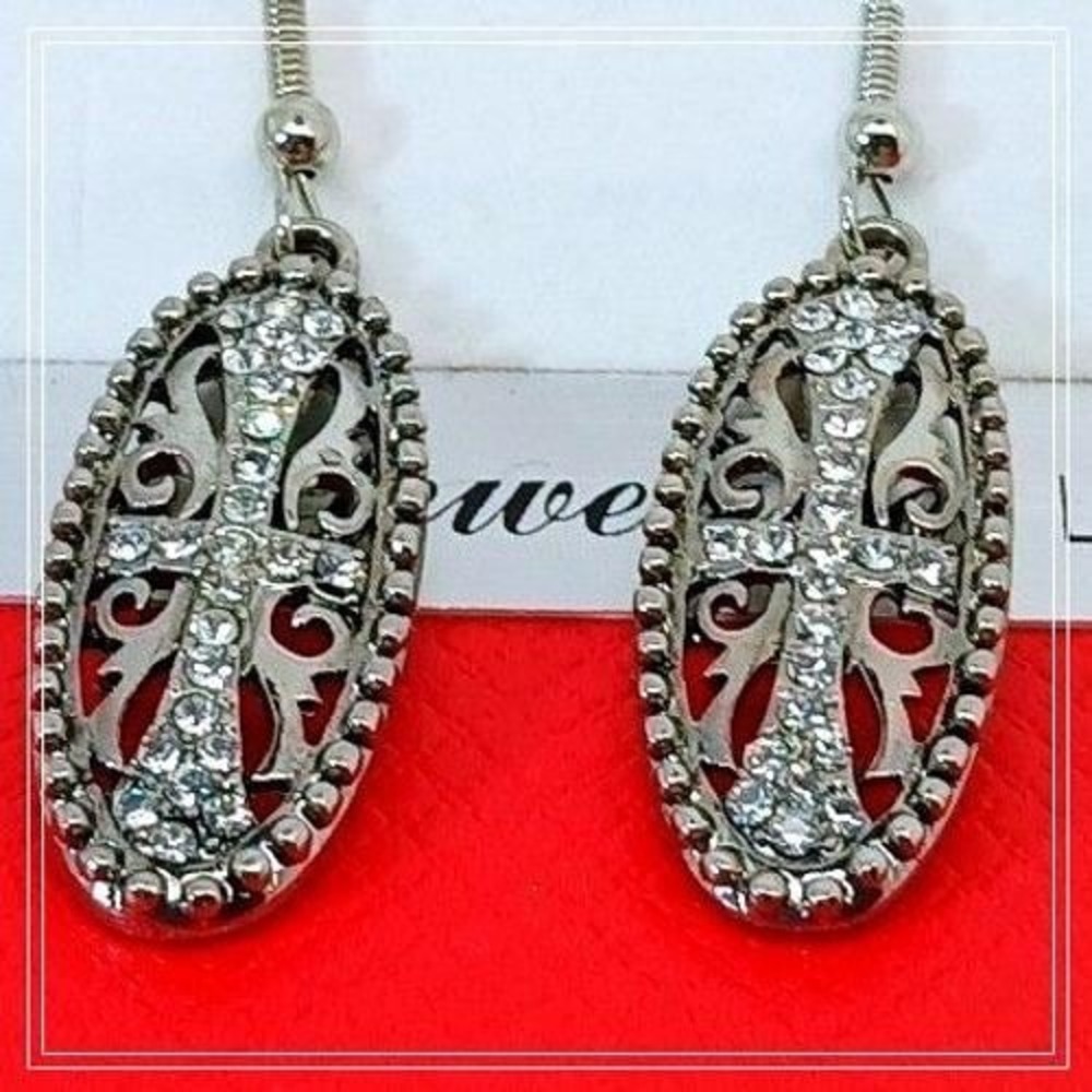 Vintage 90s Silver Tone Filigree Rhinestone Cross Oval Dangle Earrings Religious